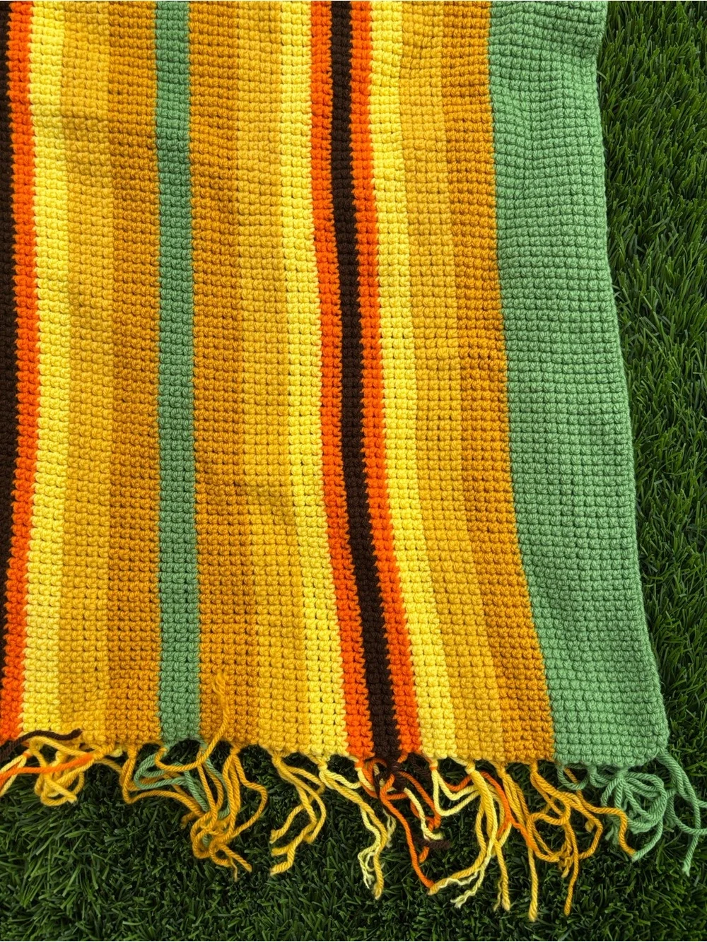 Handmade Striped retro Crochet Throw in Yellow, Green & Orange 80x70